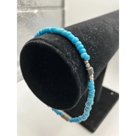 Turquoise Seed, Silver-tone & Steel Gray Beaded Anklet Bracelet Handmade! - Picture 2 of 4